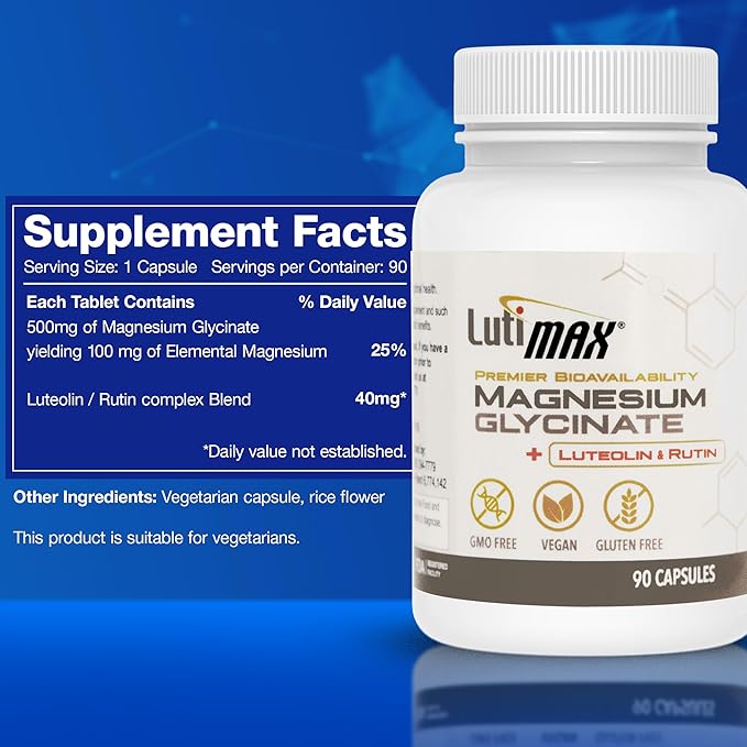 Lutimax Magnesium Glycinate 500mg w/Premium Luteolin &amp Rutin Blend - 100mg Elemental Magnesium for Stress Calm Relaxation &amp Sleep Support - Vegan Non-GMO Gluten Free &amp Made in USA -