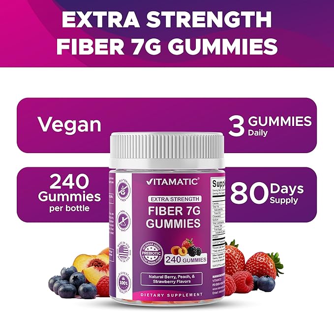 Vitamatic Prebiotic Fiber Gummies for Adults 7G Extra Strength Zero Sugar Added 240 Pectin Based Gummies Digestive Health &amp Regularity Support (Pack of 2)
