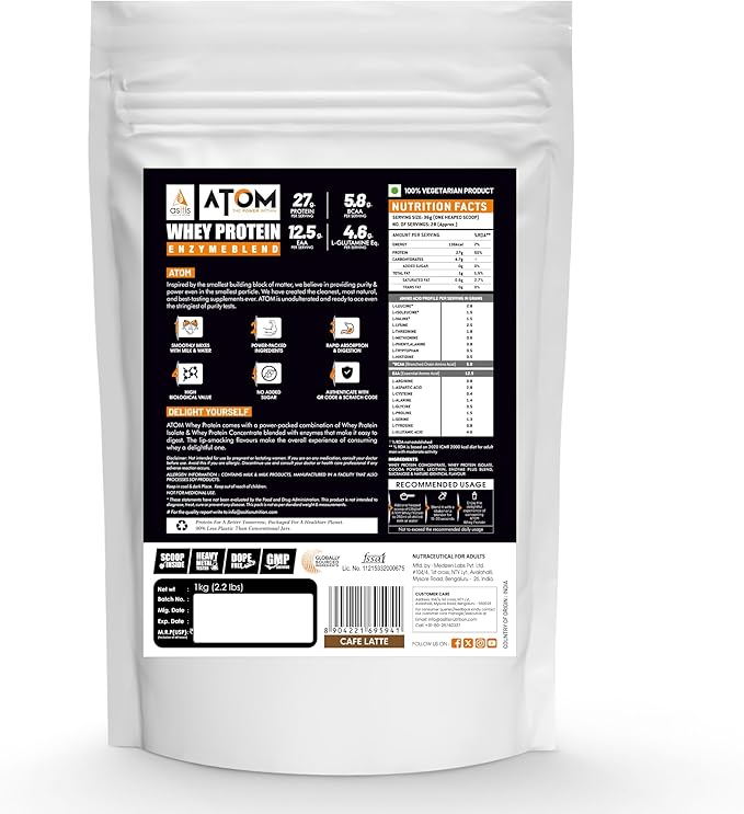 Asitis Nutrition AS-IT-is Atom Whey Protein 1kg/35.2 Oz with Digestive Enzymes | USA Labdoor Certified for Accuracy &amp Purity | Cafã© Latte Flavor | 27g Protein Cross-Flow Microfiltered Gluten-Free