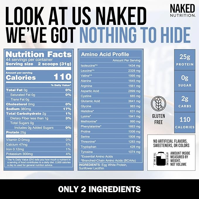 Naked 3LB Non-GMO Egg White Protein Supplement Powder Unflavored No Additives Paleo Dairy Free Gluten Free Soy Free – 25g Protein 44 Servings 3 pounds