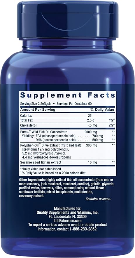 Life Extension Super Omega-3 EPA/DHA Fish OilSesame Lignans &amp Olive Extract – Cognitive HealthCholesterol Health SupportGluten-FreeNon-GMO120 Softgels(Pack of 2)