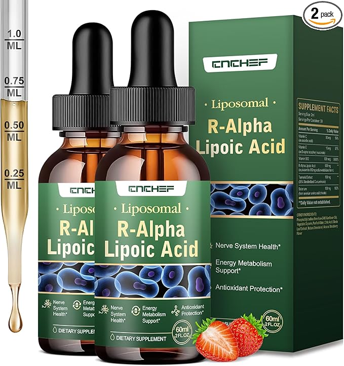 2PCS R Alpha Lipoic Acid Liquid Drops 600mg – ALA Supplement Nerve Savior for Neuropathy for Nerve Energy &amp Metabolism Support - Extra Strength with Turmeric Selenium C E &amp B12 Strawberry