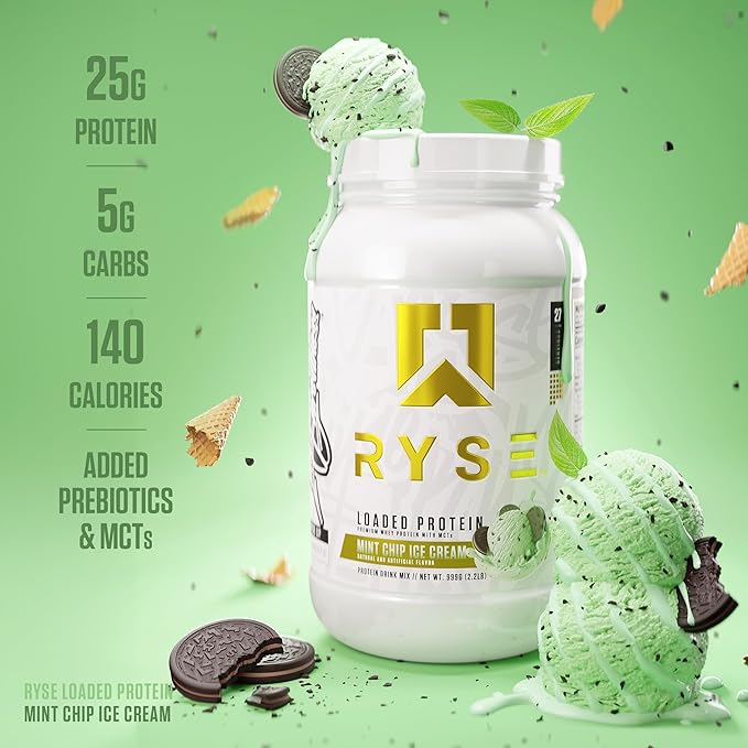 RYSE Loaded Protein Powder - Mint Chip Ice Cream - 25g Whey Protein Isolate &amp Concentrate with Prebiotic Fiber &amp MCTs - Low Carb Low Sugar Digestive-Friendly - 27 Servings / 2 lb Tub