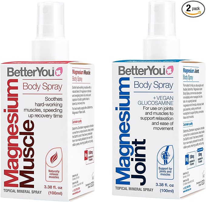 BetterYou Muscle and Joint Bundle - Magnesium Joint and Magnesium Muscle Body Spray - Essential Oils Spray Soothes Tired Muscles Instantly - 2 pc