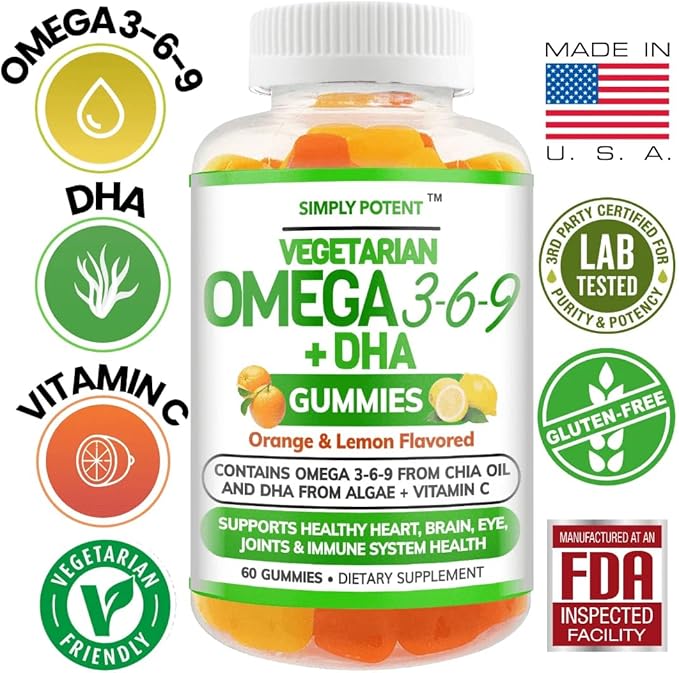 Simply Potent Omega 3 Fish Oil Gummies Plant Based Alternative to Cod Liver Oil Burpless Vegetarian DHA Chews for Adults and Kids Orange Lemon Flavor Supplement
