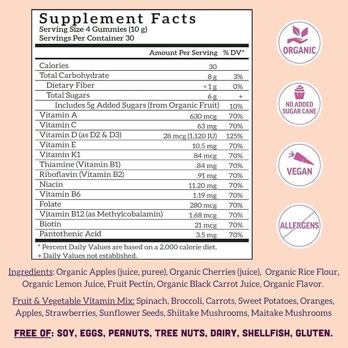 Llama Naturals Multivitamin for Women Vegan Organic Gummies with Vitamin D C and K Women's Real Fruit Gummy Vitamins Chewable Multivitamin Supplement No Added Sugar Cane Cherry 120 Ct