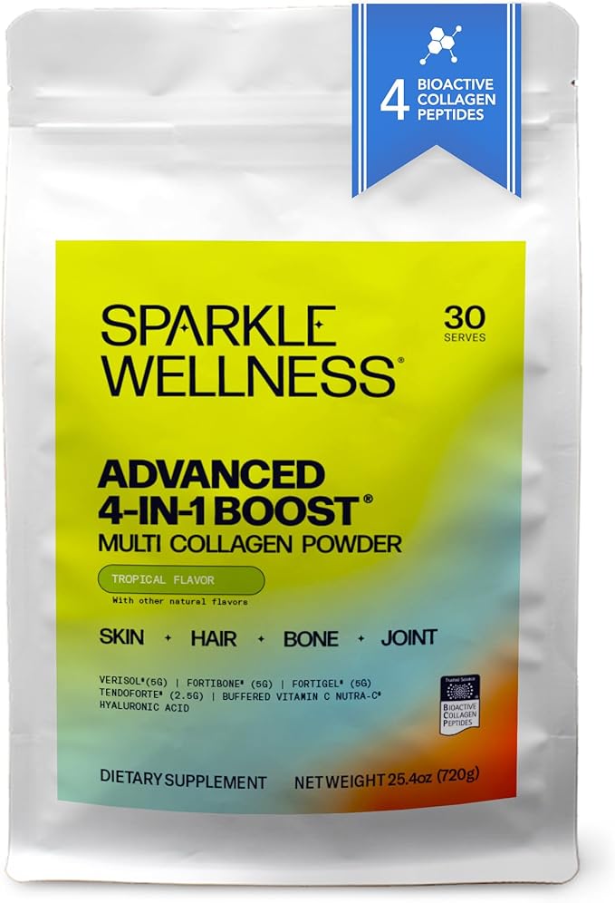 Sparkle Wellness Advanced 4 in 1 Boost | Clinically Tested Multi Collagen Powder with VERISOL FORTIBONE FORTIGEL TENDORFORTE | Skin Bone Joint Health | Tropical
