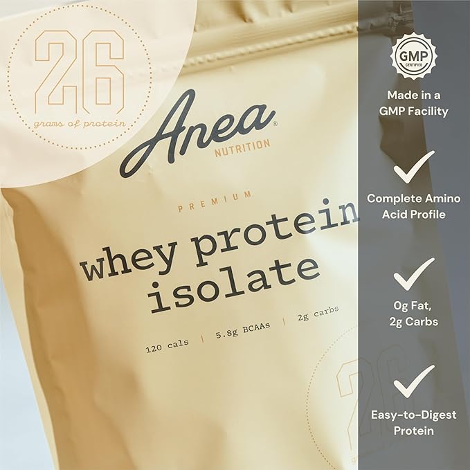 Anea Whey Protein Isolate - Vanilla | 26g Protein | 5.8g BCAAs | Low Carb 2g Carbs| Complete Amino Acids | Gluten-Free Soy-Free | Lean Muscle &amp Recovery | Made in GMP Facility