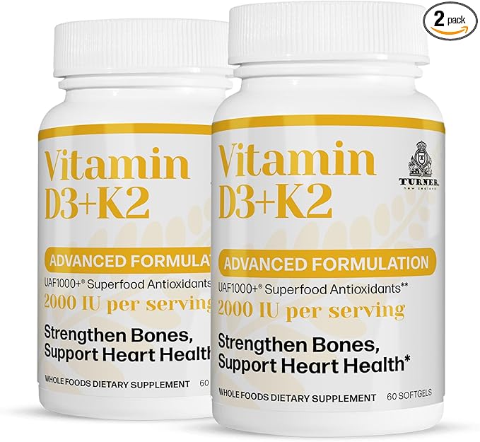 TURNER Vitamin D3 and K2 Caps High Potency D3 2000IU and K2 (MK7) 80mcg Unique VIT D3 from 100% New Zealand Sheep's Wool Lanolin. 120 Softgels 2 Month Supply
