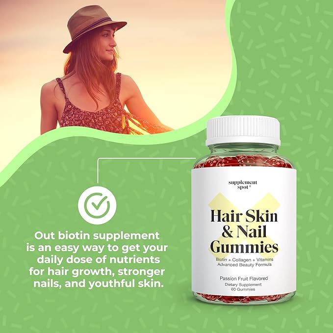 Hair Skin and Nails Vitamins 6000 mcg Biotin Gummies w/Collagen Passion Fruit Flavored Hair Vitamins Gluten Free Collagen Supplements (60 Count)