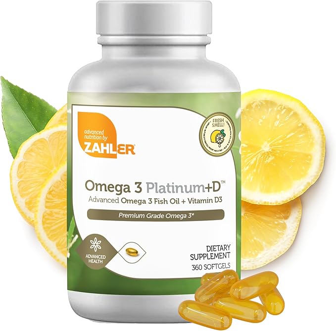 Zahler Omega 3 Platinum +D All-Natural Pure Fish Oil Supplement Burpless Softgel with No Fishy Aftertaste Highest in EPA and DHA Certified Kosher 360 Softgels
