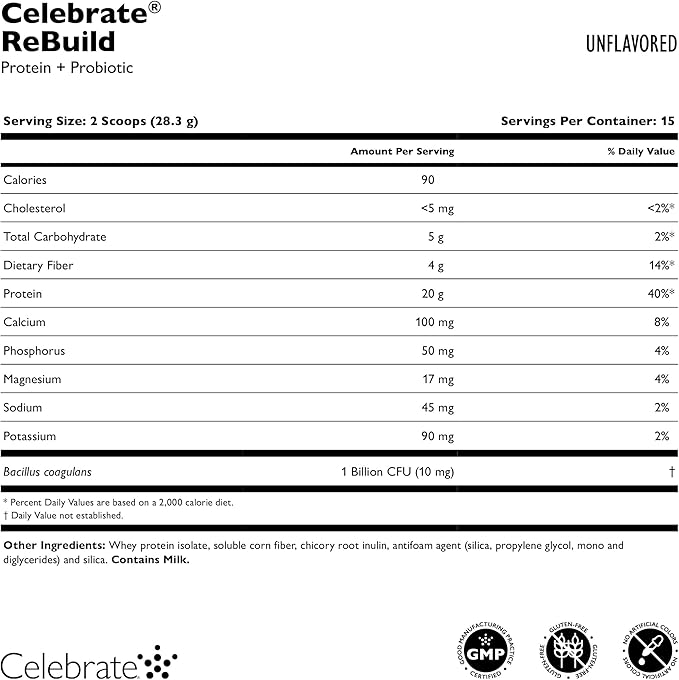 Celebrate Vitamins Rebuild Protein Powder with Probiotics &amp Prebiotics - 20g Whey Isolate Protein High Fiber for Post Bariatric Surgery Patients - Unflavored (15 Servings)