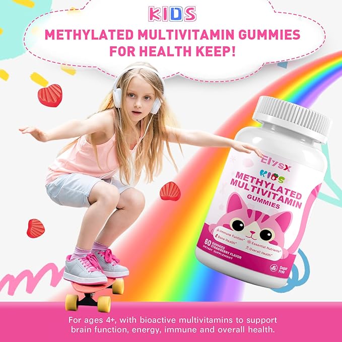 Kids Methylated Multivitamin Chewable Gummies MTHFR Supplement with L Methylfolate Magnesium Biotin Choline Inositol DHA TMG &amp Coq 10 Immune &amp Brain Support Strawberry Flavor 120 Ct