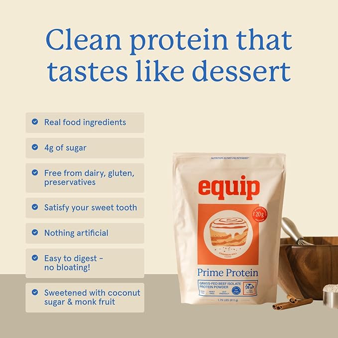 Equip Foods Prime Protein Powder | Clean Grass Fed Beef Protein Powder for Women &amp Men | Carnivore Protein Isolate | Paleo Keto Friendly | Gluten Dairy Free | 30 Servings Cinnamon Roll