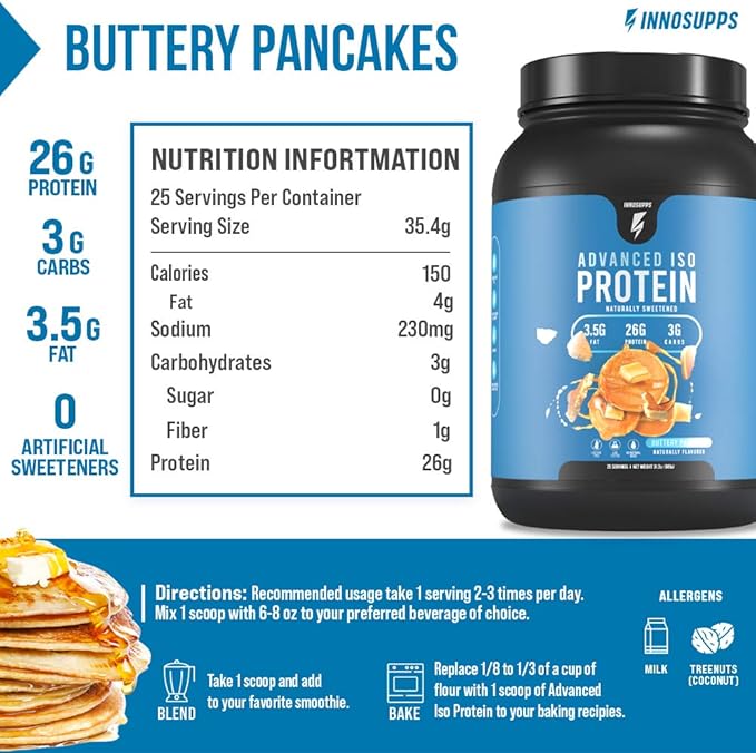 InnoSupps Advanced Iso Protein | 100% Whey Isolate Protein Powder | No Artificial Sweeteners| Low Fat Low Carbs | 25g of Protein | Hormone Free Gluten Free Soy Free | (Buttery Pancake)