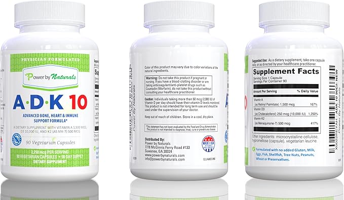 Power By Naturals ADK Vitamin Supplement – ADK 10 High Potency with Vitamins A D3 10000 IU &amp K2 MK7 for Superior Heart Immune &amp Bone Health Support – 90 Capsules 1 Pack (3-Month Supply)