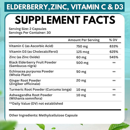 2 Pack Elderberry Immune Support Supplement 8-in-1 Formula with Echinacea Vitamin C &amp Zinc Vitamin D 5000 IU Turmeric Ginger Ashwagandha – 60 Capsules Each