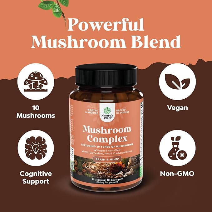 Bundle of Nootropic Memory Supplement with Vitamin B 12 Bacopa Monnieri Rhodiola Rosea DMAE Ginkgo Biloba and Mushroom Complex 10X Lions Mane with Reishi Chaga Maitake Shiitake for Brain Support