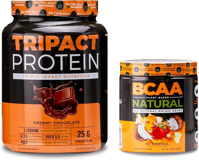 Nutrology TRIPACT Protein Powder 7-in-1 Meal Replacement Shake Creamy Chocolate Flavor (20 Servings) BCAA Natural Plant Based BCAA Powder Orange Coconut Flavor (30 Servings)