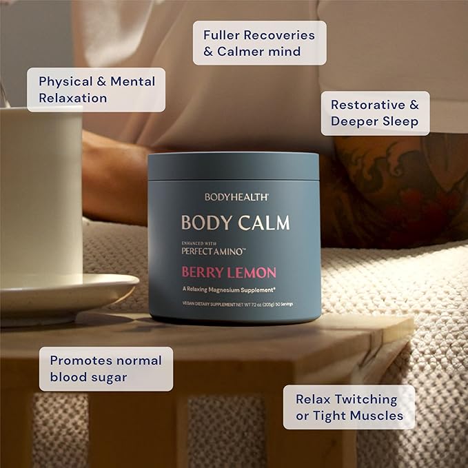 BodyHealth Body Calm Enhanced with PerfectAmino High Absorption Magnesium Supplement for Men and Women Magnesium Powder for Sleep Berry Lemon (40 Servings)