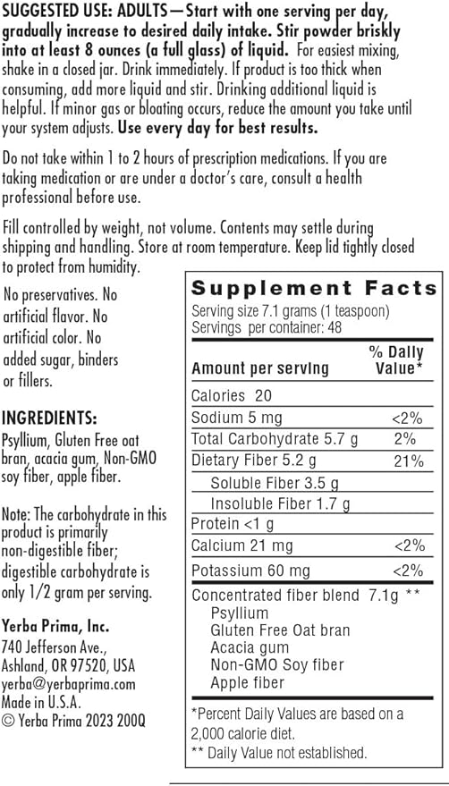 Yerba Prima Daily Fiber Formula Powder - 12 oz (Pack of 2) - Soluble &amp Insoluble Dietary Fiber Supplement - Colon Cleanse - Gut Health - Vegan Non-GMO Gluten-Free