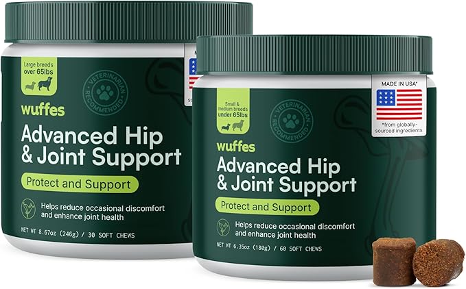 Wuffes Advanced Dog Hip and Joint Supplement with Glucosamine Chondroitin Omega 3 MSM and Green Lipped Mussel (Pack of 2 Small &amp Large Breed)