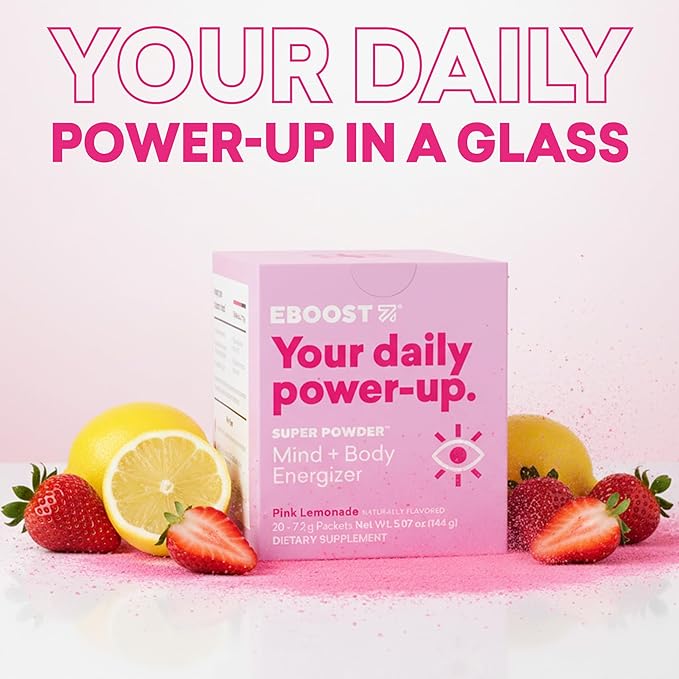 EBOOST Super Powder Drink Mix - Pink Lemonade 0.2 oz 20 Pack Hydration Energizer Electrolytes Powder - 13 Vitamins &amp Minerals - 110 mg Caffeine - 0 Added Sugar - No Artificial Flavors or Sweetener