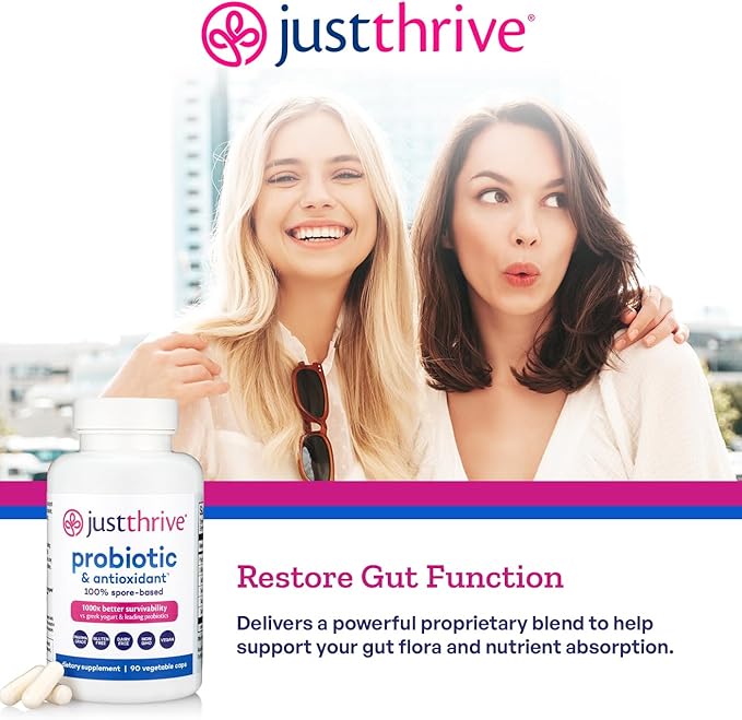 Just Thrive Probiotic &amp Antioxidant Supplement - 100% Spore-Based Digestive and Immune Support - Gluten Free 90 Caps
