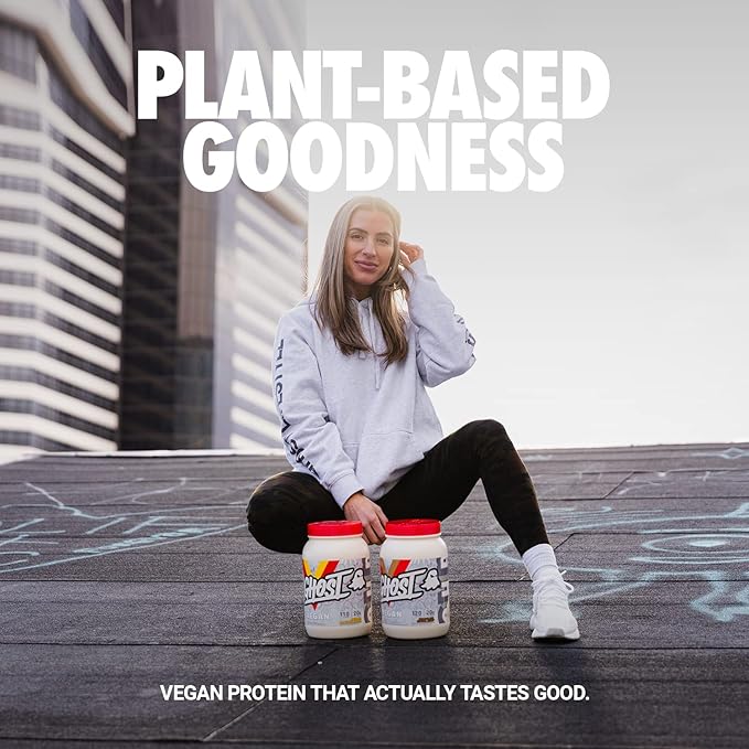 GHOST Vegan Protein Powder Peanut Butter Cereal Milk - 2LB Tub 21G of Protein - Plant-Based Pea Organic Pumpkin &amp Watermelon Seed Protein Blend - ­Flavored Post Workout Shakes - Soy &amp Glute