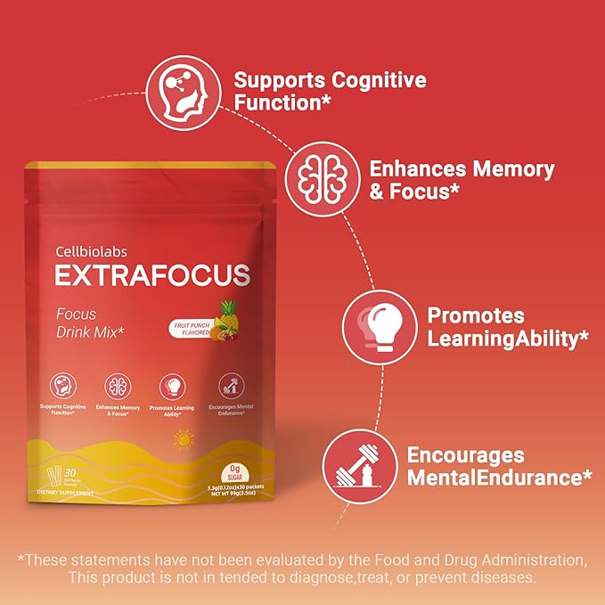 Nootropic Extra Focus Drink Mix 30 Packs On-The-Go Sticks Featuring Alpha-GPC Lion's Mane &amp Rhodiola Sugar-Free Packets Fruit Punch Clean Drink Mix