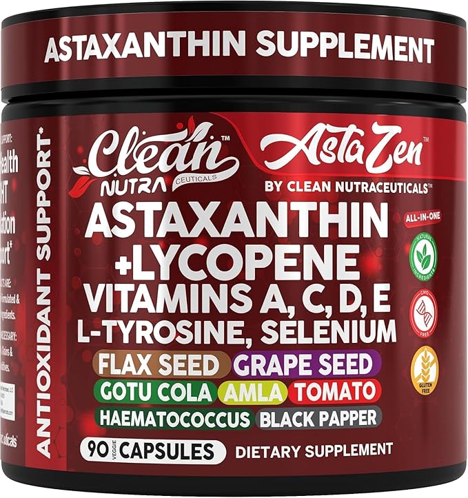 Clean Nutra Astaxanthin 12mg Lycopene Supplement with Vitamin A C D3 E L-Tyrosine Selenium Flax Grape Seed Gotu Kola Amla Black Pepper 90 Complex Veggie Capsules