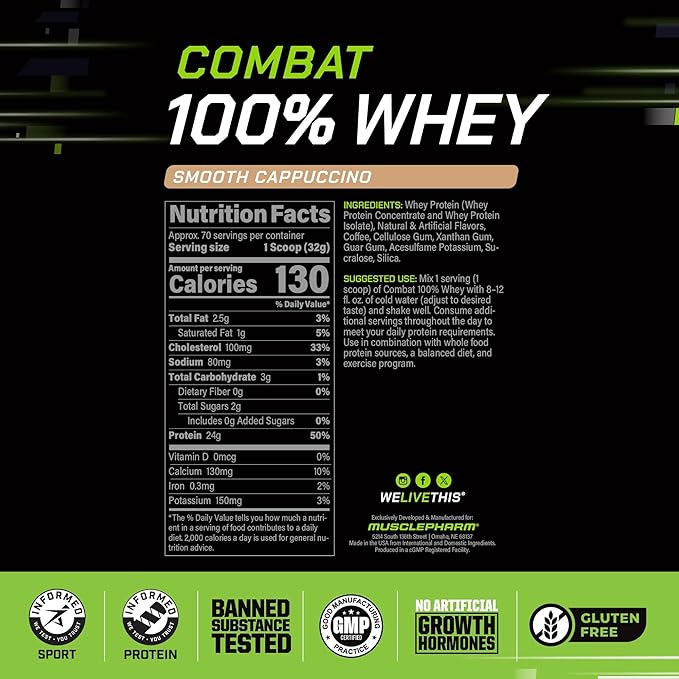 MusclePharm Combat 100% Whey Protein Powder Cappuccino Flavor Fast Recovery &amp Muscle Gain with Whey Protein Isolate High Protein Powder for Women &amp Men Gluten Free 5 lb 70 Servings