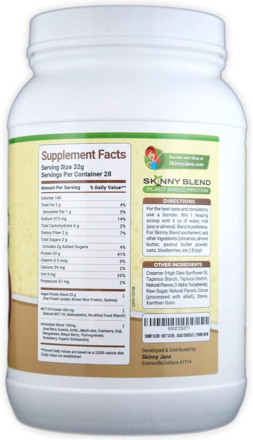 Skinny Jane Skinny Blend | Best Tasting Plant Based Protein Shake | Vegan Powder | Low Carbs Keto Friendly | Non GMO | No Soy Gluten Dairy and Egg Free | BCAAs (2 Pound Chocolate)
