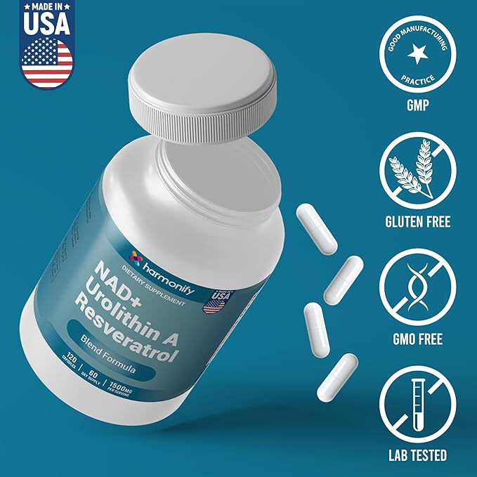 NAD+ Nicotinamide Riboside Resveratrol with Urolithin A 1500mg Advance Support Supplement 120 Capsules 60-Day Supply Proudly USA Company