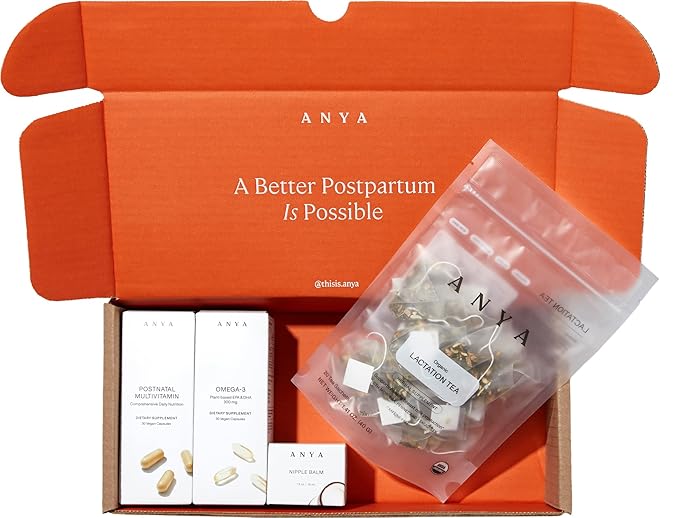 ANYA New Mom Breastfeeding Essentials Kit for Postpartum Recovery | Baby Registry Gift Set | Wellness Care Package with Postnatal Multivitamin Omega-3 Organic Lactation Tea &amp Organic Nipple Balm