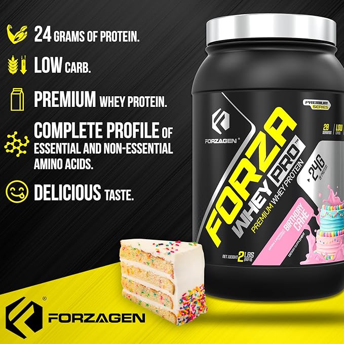 Forzagen Whey PRO Low Carb Protein Powder | 24g of Protein per Serving No Added Sugar Gluten Free Premium Whey for Shakes &amp Mixes for Men &amp Women BCAA | Birthday Cake 2 lbs. (28 Servings)