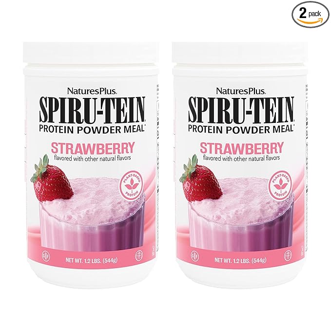 NaturesPlus SPIRU-TEIN Strawberry - 1.2 lbs Pack of 2 - Plant-Based Protein Shake - Non-GMO Vegetarian Gluten Free - 32 Total Servings