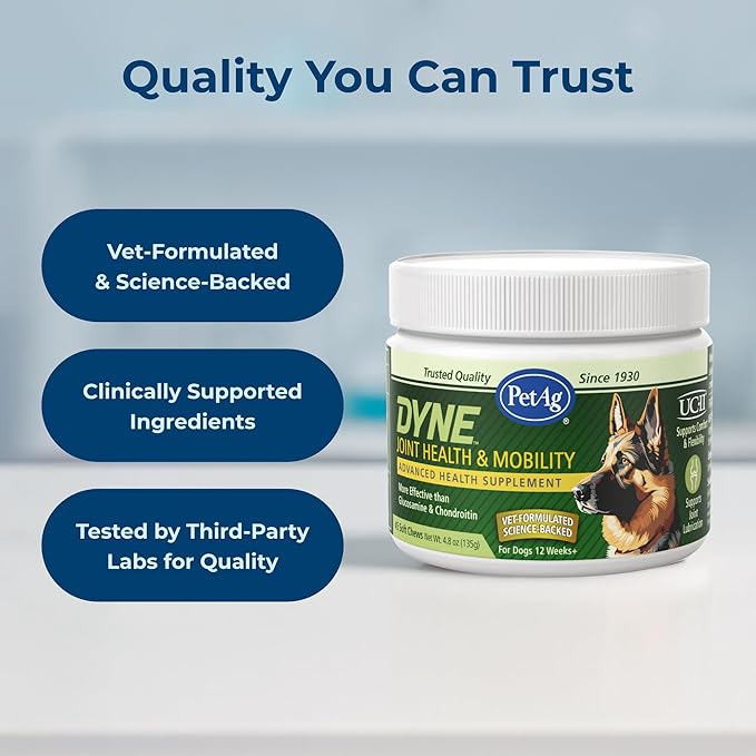 PetAg Dyne Soft Chews Joint Health &amp Mobility Supplement - Vet-Formulated for Dogs - with UC-II® Collagen - Up to 4X More Effective Than Glucosamine/Chondroitin - 45 Chicken Liver Flavor Chews