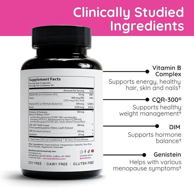 SlenderFlora - Menopause Probiotic Supplement | Weight Management Hot Flashes Night Sweats Bloating | 70 Billion CFU | Gluten Soy &amp Dairy Free | 60 Ct Pack of 3