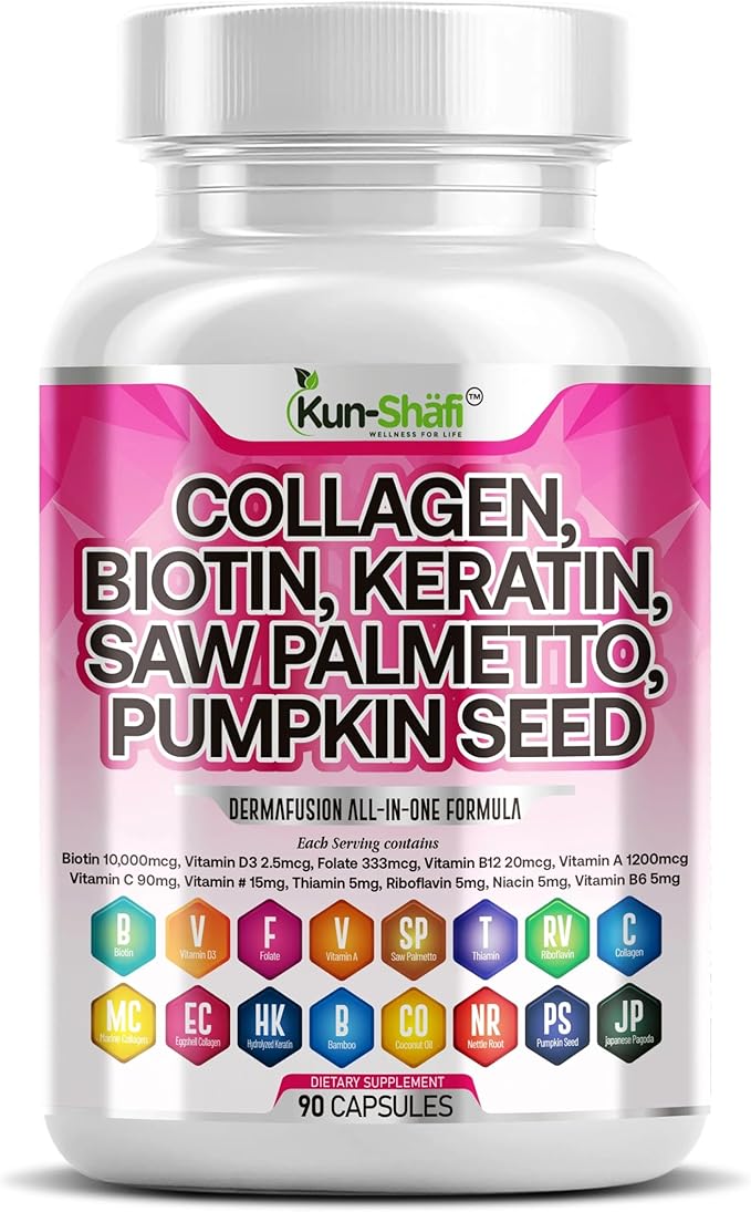 Collagen Complex with Biotin 10000mcg Keratin Saw Palmetto &amp Hyaluronic Acid – Hair Skin &amp Nails Vitamins for Women &amp Men with Pumpkin Seed Vitamin AB12ECED3B2 &amp Zinc – 90 Ct