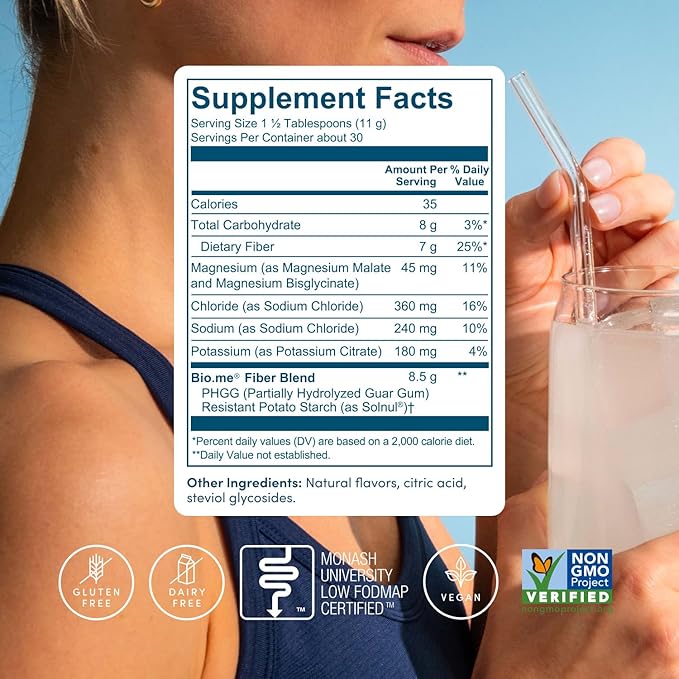 Bio.me Daily Prebiotic Fiber Lemonade with Electrolytes - 7g Per Serving - Soluble Fiber Supplement Powder for Women &amp Men - Digestive Health Gut Health &amp Hydration - Sugar Free - 30 Servings