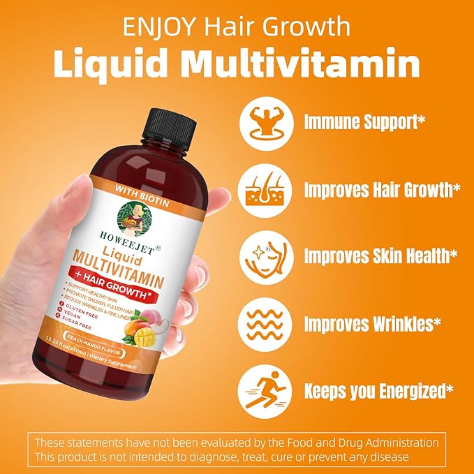 Liquid Multivitamin for Hair Growth &amp Hair Formula Bundle | Healthy Hair Habits | Clinically Tested for Thicker Hair &amp Skin Elasticity for Women | Peach Mango Flavor &amp Blueberry Pomegranat