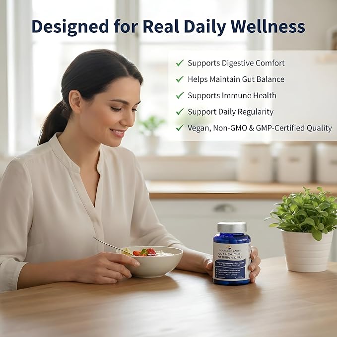 NUTRIVIBE LABS™ Gut Health 6-in-1 Probiotics 70 Billion CFU for Women &amp Men Prebiotics Postbiotics Enzymes L-Glutamine - Digestive &amp Immune Health Occasional Gas &amp Bloating Support -