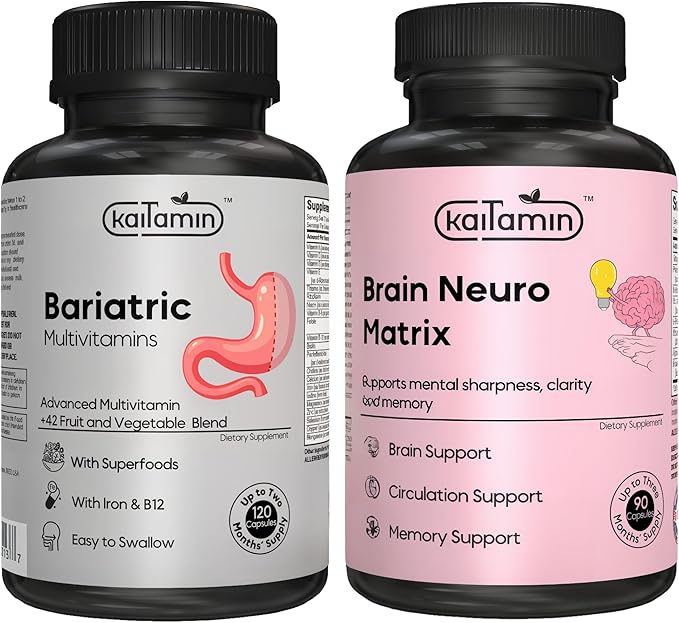 Bariatric Multivitamin with Iron for Post-Bariatric Sugery + Nootropic Vitamin Brain Matrix- Ginkgo Biloba for Memory Focus &amp Aging Support (Bundle)