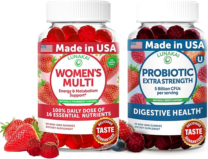 Lunakai USA Made Womens Multivitamin &amp Probiotic Gummies Bundle – 16 Multi Vitamins &amp Probiotic for Digestion Support – 60ct Each