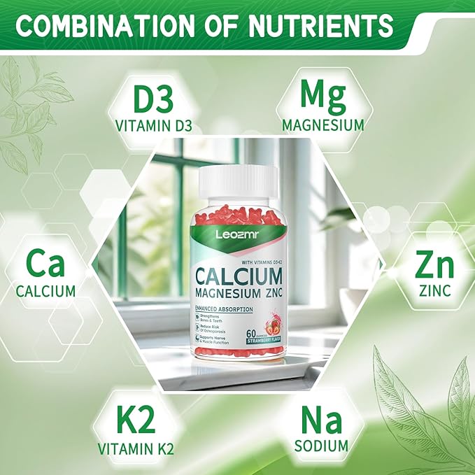 Calcium Magnesium Zinc Gummies with Vitamin D3 &amp K2 - High Potency Enhanced Absorption -120 Strawberry Gummies Flavored