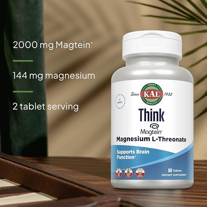 KAL Think Magnesium L-Threonate 2000 mg | Learning Brain Health &amp Memory Function Support w/Magtein | Vegan No Gluten &amp Non-GMO | 60 Tablets
