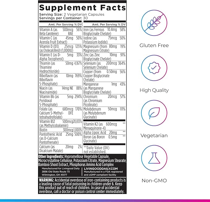 Livingood Daily Methylated Multivitamin for Women and Men Multi Vitamin Supplement with Alpha Lipoic Acid B Vitamins Iron Zinc and Selenium Energy Metabolism and Immune Support 60 Capsules