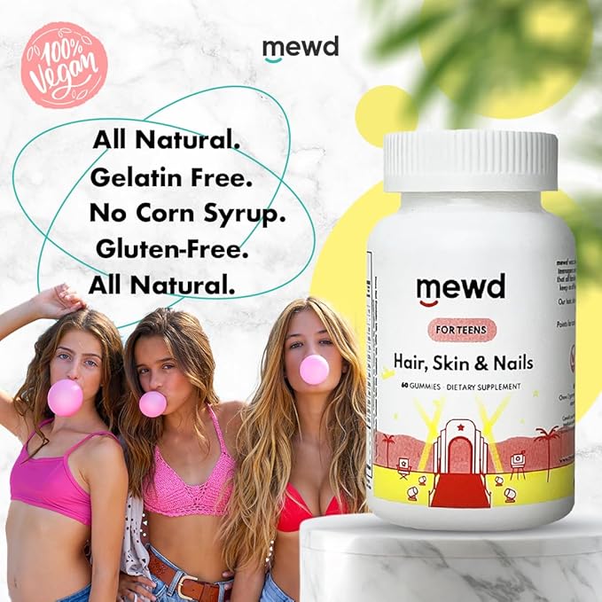 MEWD Teen and Kids Hair Skin+Nails Daily Multivitamin Gummy Strengthener Formula - Chewable Vitamin Supplements with BiotinZincVitamins A B &amp D3 for Girls &amp Boys 60 Made in USA