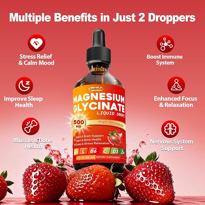Magnesium Glycinate Liquid Drops Supplement - Vegan GMO Free Gluten Free for Muscle &amp Bone Health Support (Strawberry 60ml) 2 Pack
